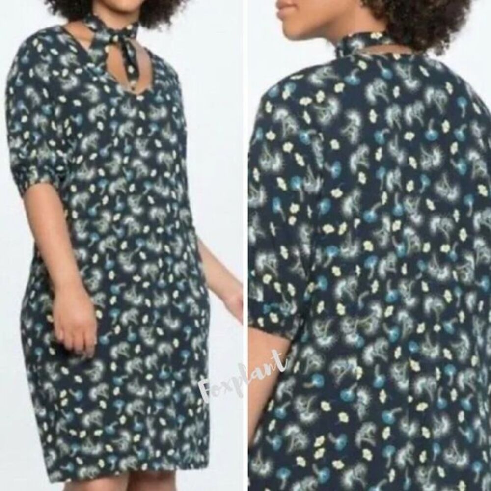 NEW Eloquii navy blue yellow floral‎ print tie neck puff sleeve shift dress, 20